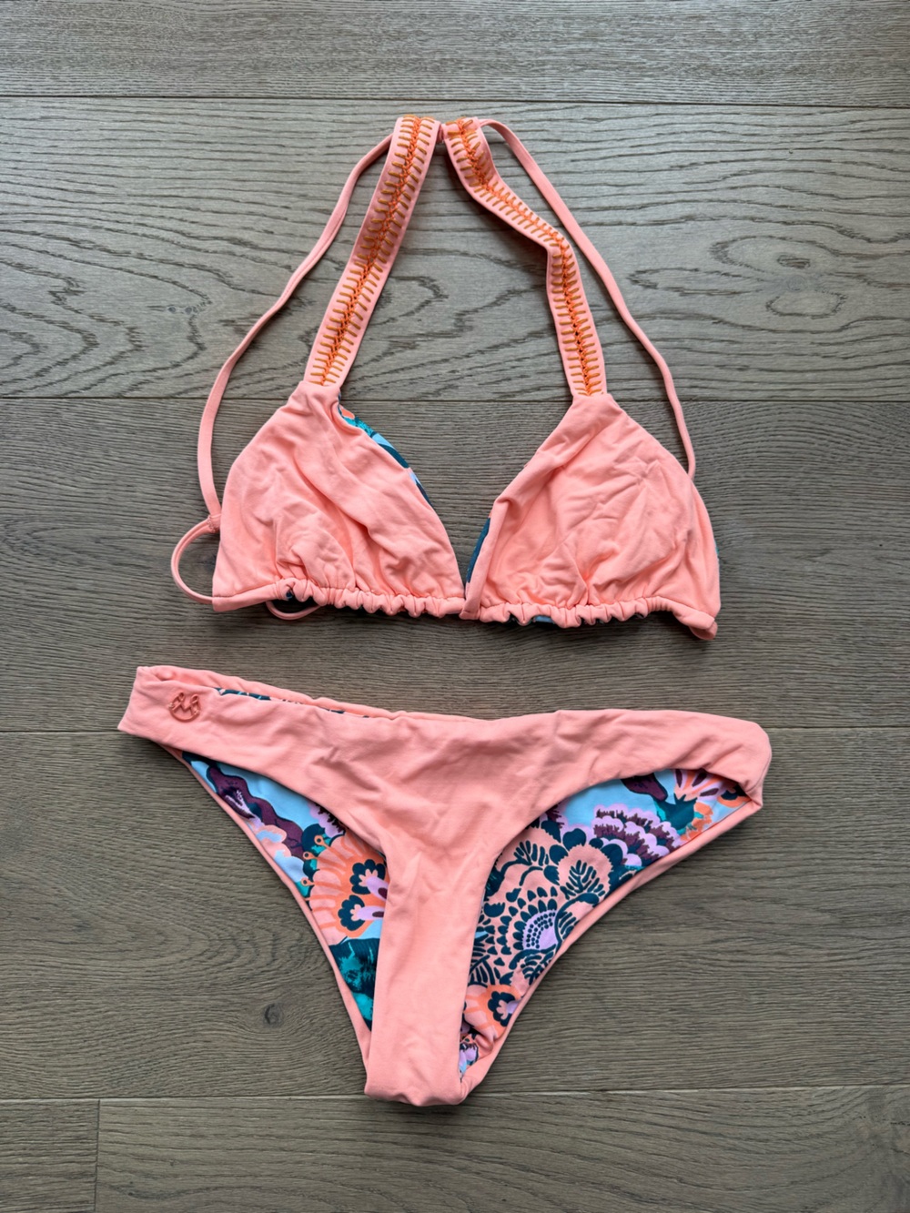 Peach Bikini Set with Floral Lining - Reversible
